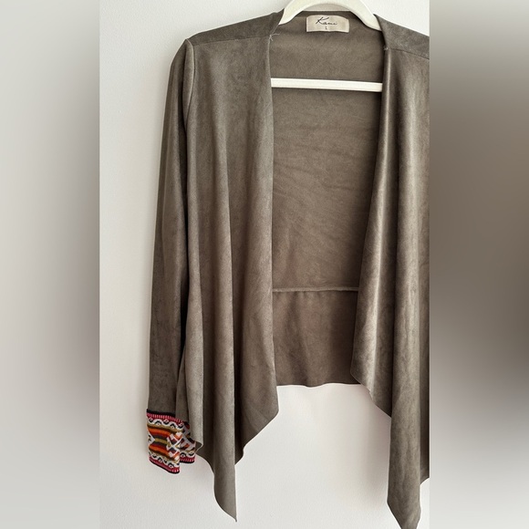Kaui Suede Cardigan Jacket with Fabric Trim, Army Green/Multi, Size Large - Picture 2 of 15
